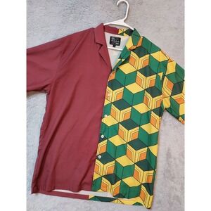 Steady Hands Shirt Mens Large 100% Rayon Geometric Camp Maroon Green Lightweight